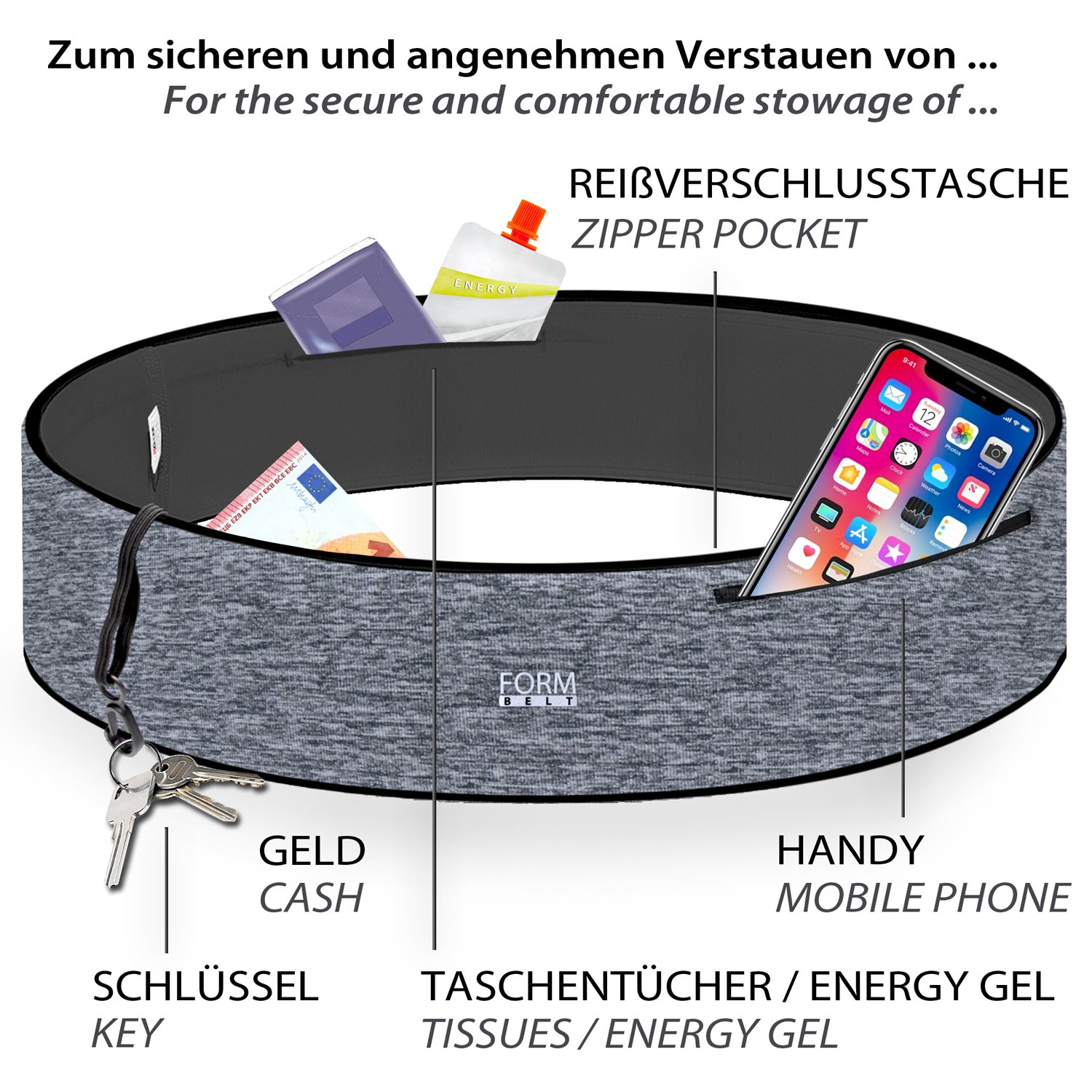 FORMBELT® plus Sport-Bauchtasche, Laufgürtel mit Reißverschluss - Farbe: Grau melliert 2 FORMBELT® plus Sport-Bauchtasche, Laufgürtel mit Reißverschluss - Farbe: Grau melliert – Bild 2